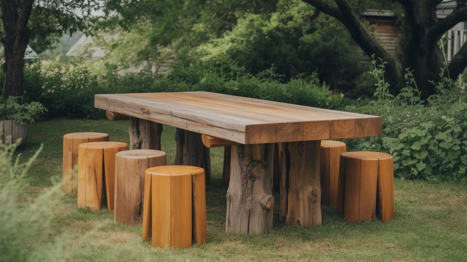 A garden scene featuring a wooden table surrounded by four matching stools under a clear blue sky.