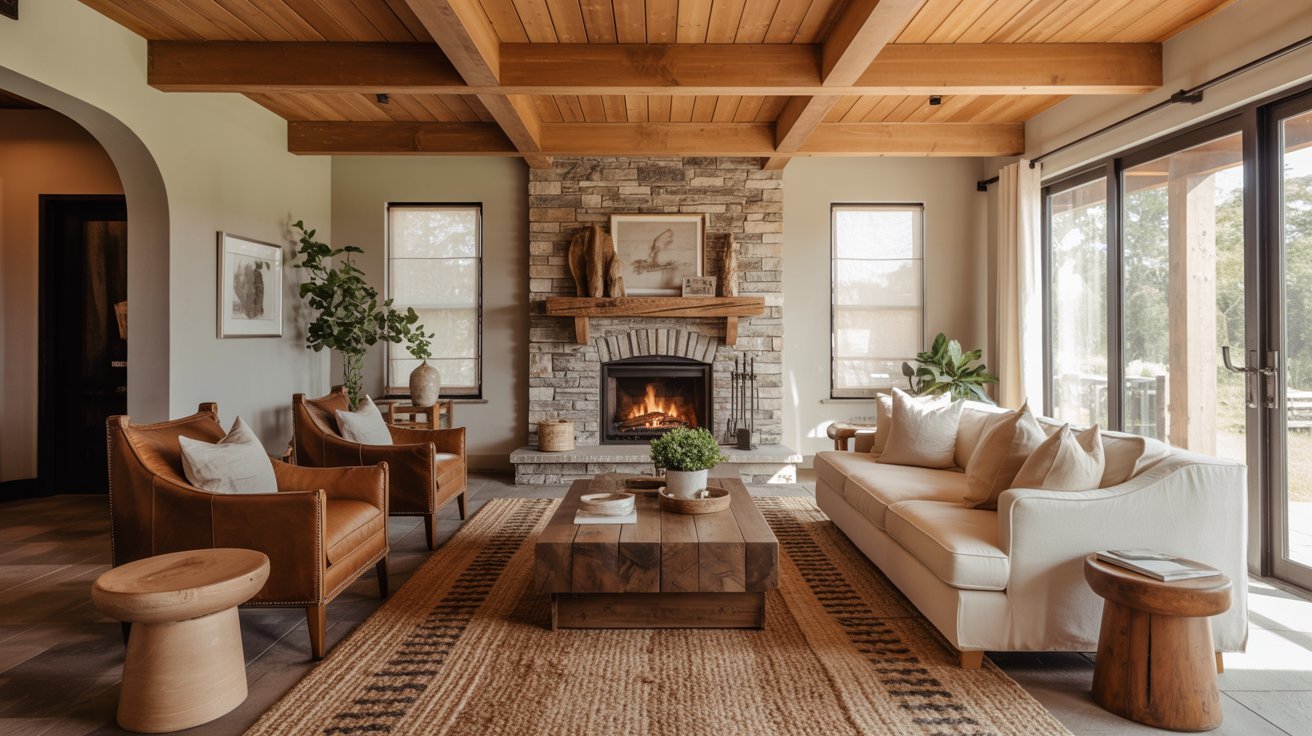 A living room showcasing a rustic stone fireplace and a wooden ceiling, enhancing the room's charm and warmth.