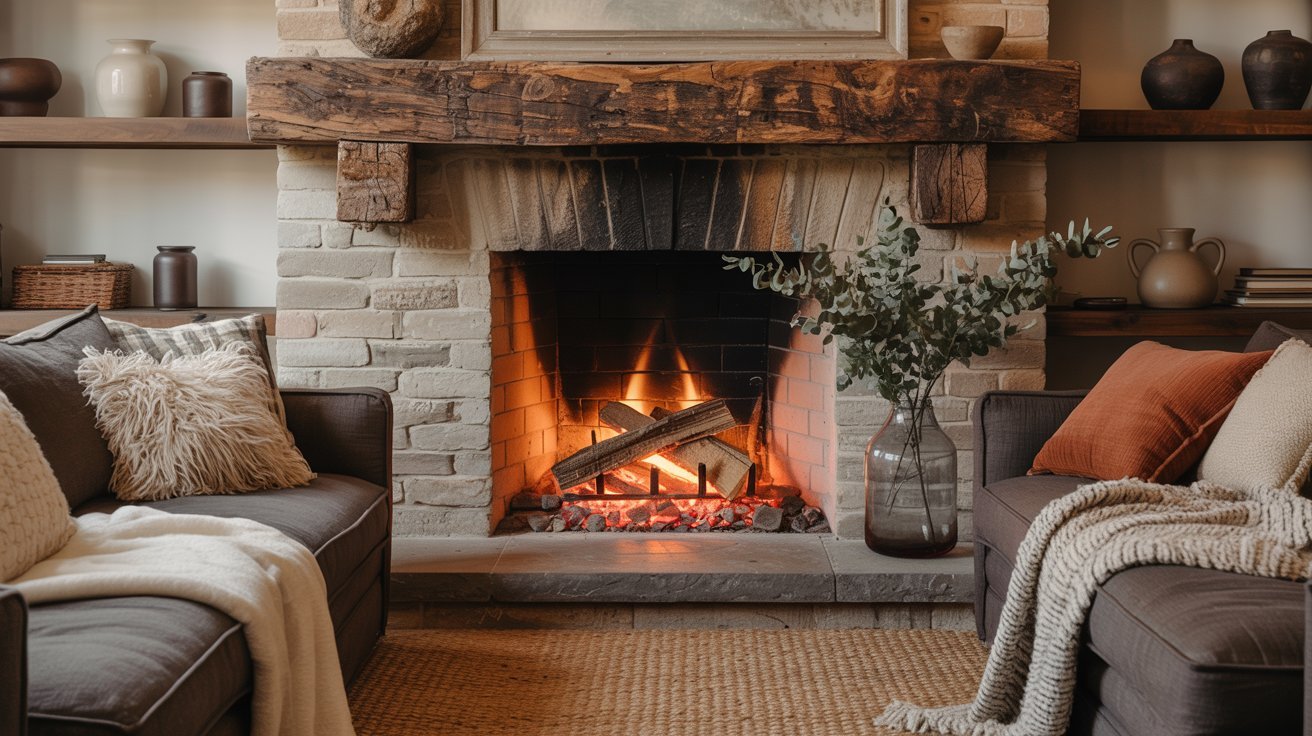 A cozy living room featuring a fireplace, two couches, and warm lighting, creating an inviting atmosphere.
