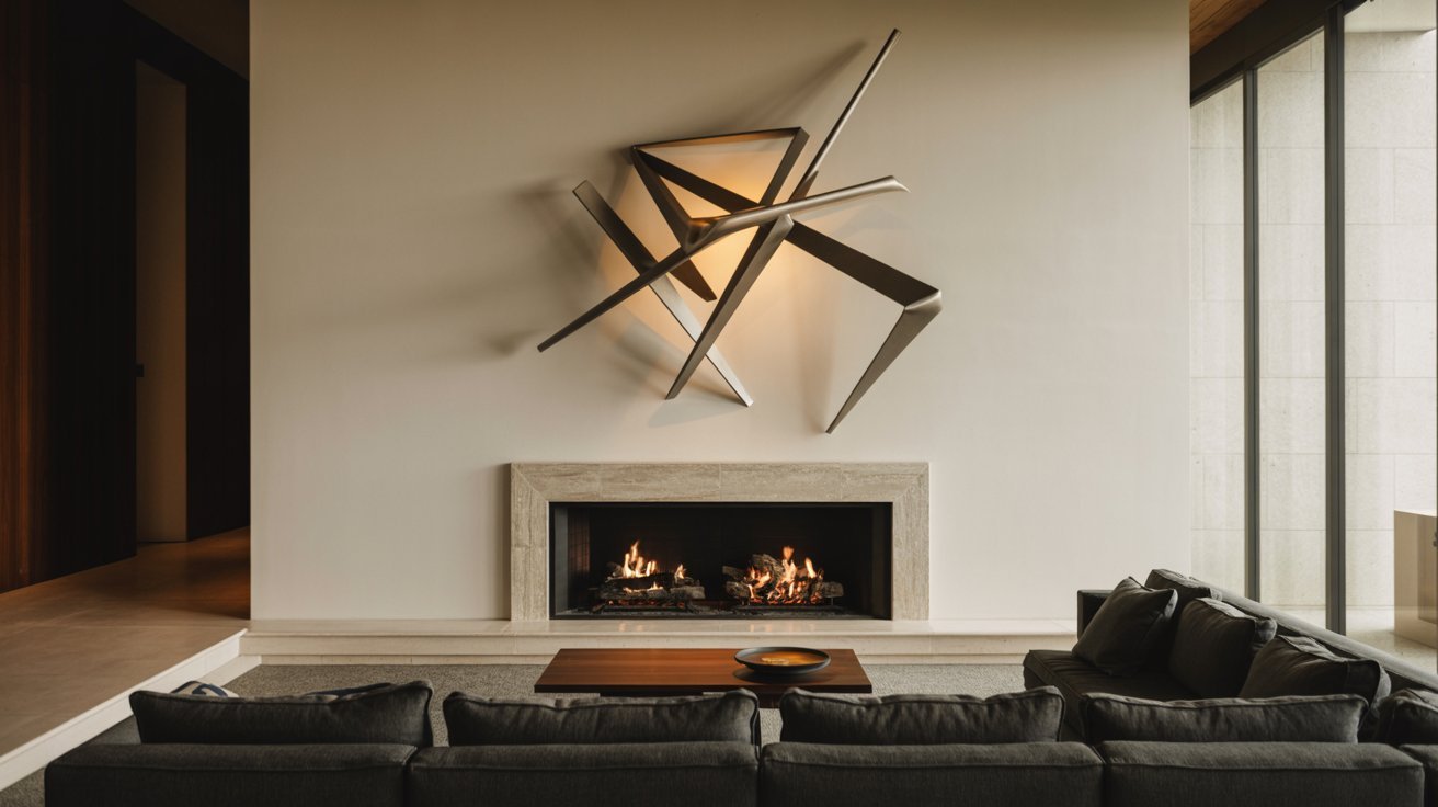 Sleek living room design showcasing a fireplace and a prominent large art piece above it.