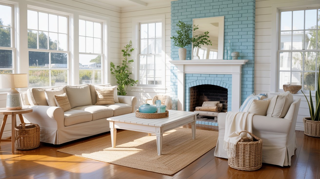 SA living room featuring blue walls and stylish white furniture, creating a bright and inviting atmosphere.