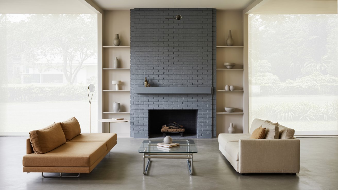 Minimalist living room with a sleek gray brick fireplace, flanked by shelves with vases. Neutral-toned couches face a glass coffee table, and large windows reveal a lush garden.