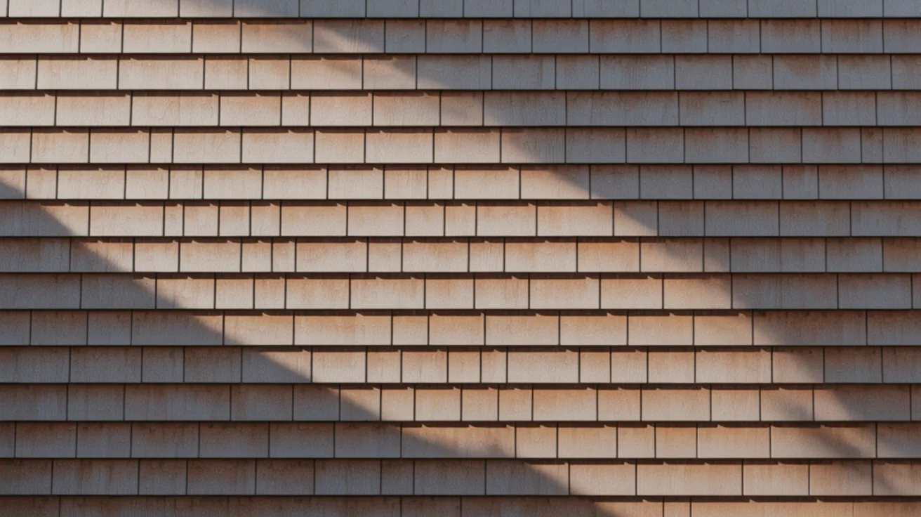 Wooden shingles with a diagonal shadow pattern under bright sunlight create a geometric, textured appearance, emphasizing warm, natural tones.