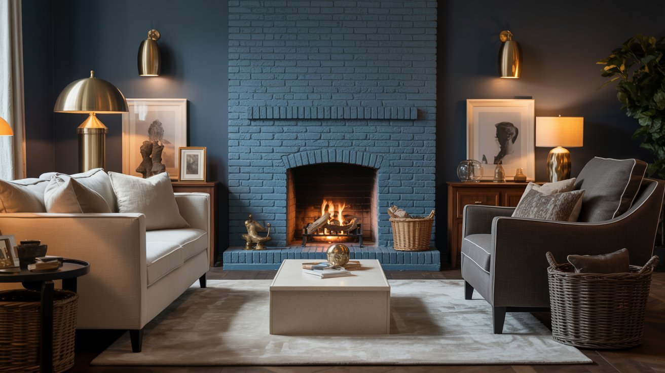 Cozy living room with a lit fireplace set in a blue brick wall. Cream sofa, gray armchair, brass accents, and soft lighting create a warm, inviting ambiance.