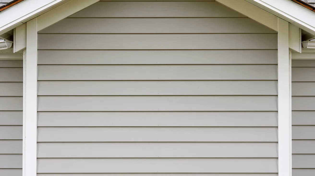 A close-up of a house's exterior wall with light gray horizontal vinyl siding. The triangular gable roof is partly visible, adding architectural interest.