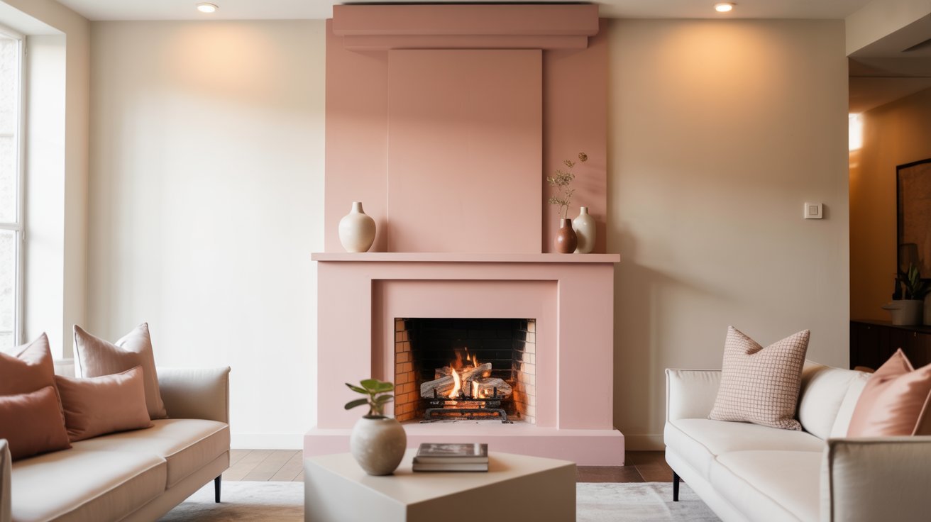 A cozy living room features a warm, lit fireplace with a pink mantel. Light sofas with pink cushions flank a geometric coffee table, creating a serene atmosphere.