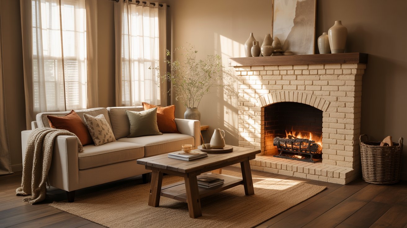 Cozy living room with a white sofa adorned with warm-toned cushions, a wooden coffee table, and a lit fireplace surrounded by vases. Sunlight filters through sheer curtains.