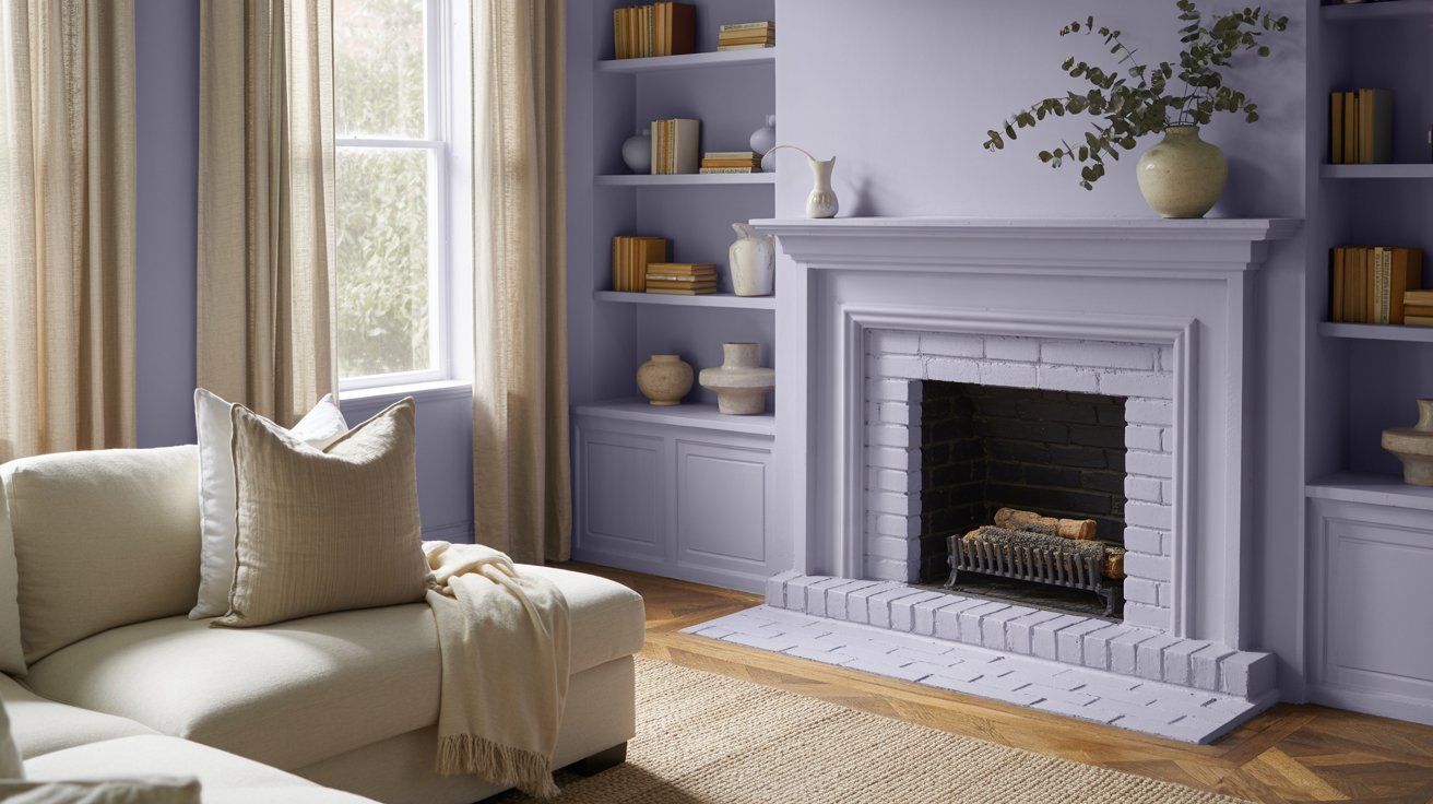 A stylish living room with a fireplace and a plush couch, designed for relaxation and comfort.