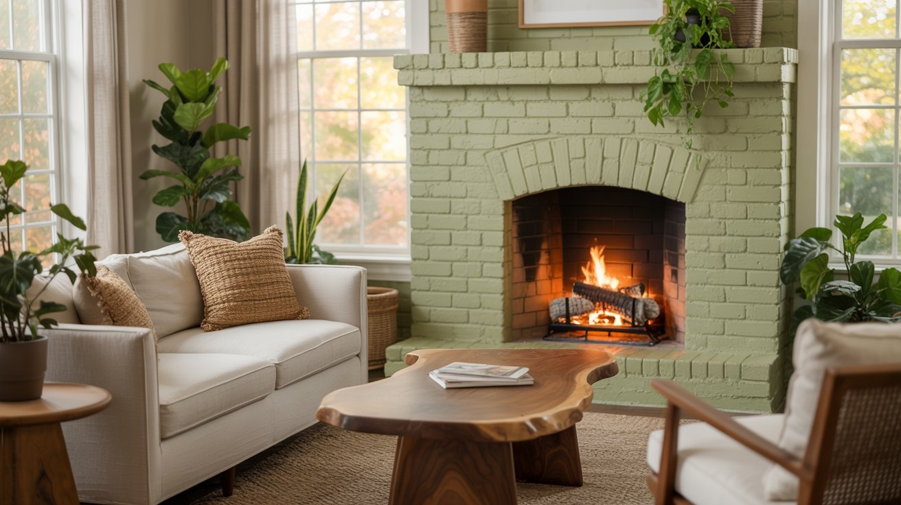 A cozy living room with a lit fireplace in a green brick hearth, surrounded by plants. Two white sofas and a wooden coffee table create a warm atmosphere.