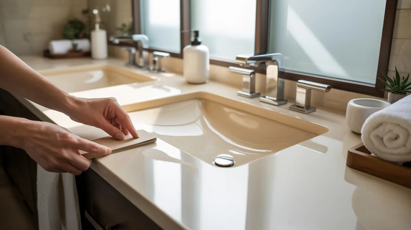 A person cleaning a bathroom sink with a cloth, ensuring a tidy and hygienic environment.