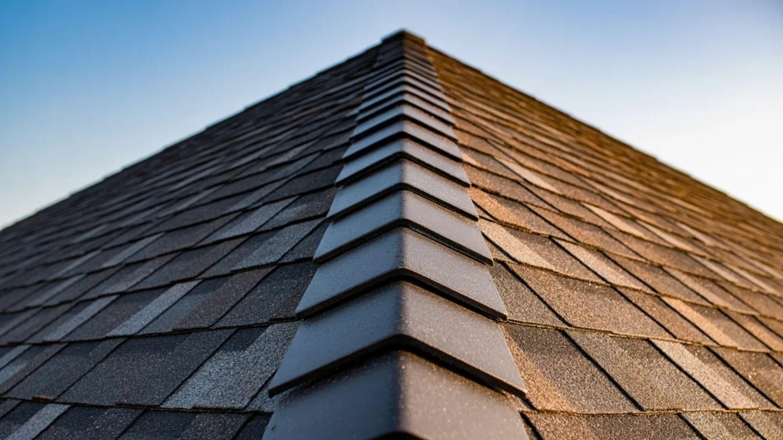 Close-up view of a triangular-shaped roof, showcasing its texture and structural details.