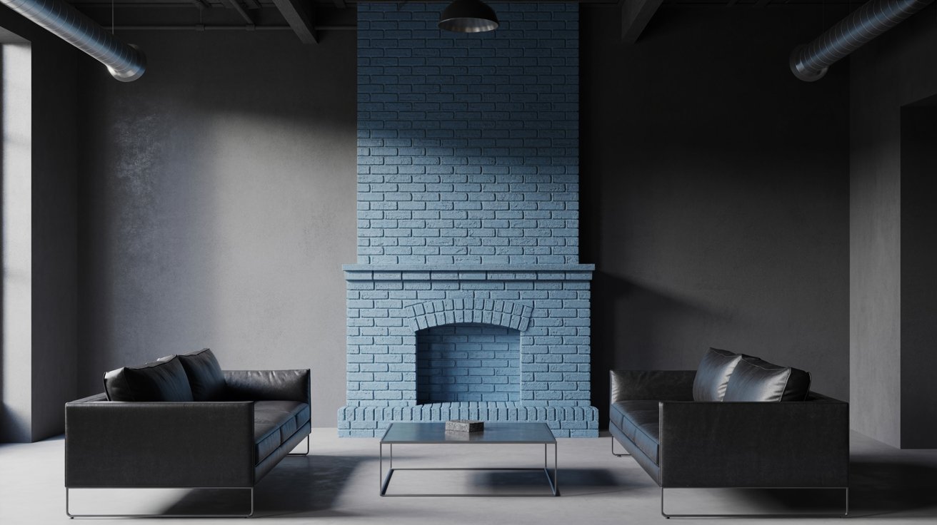A blue brick fireplace contrasts with sleek black furniture in a stylish living room.