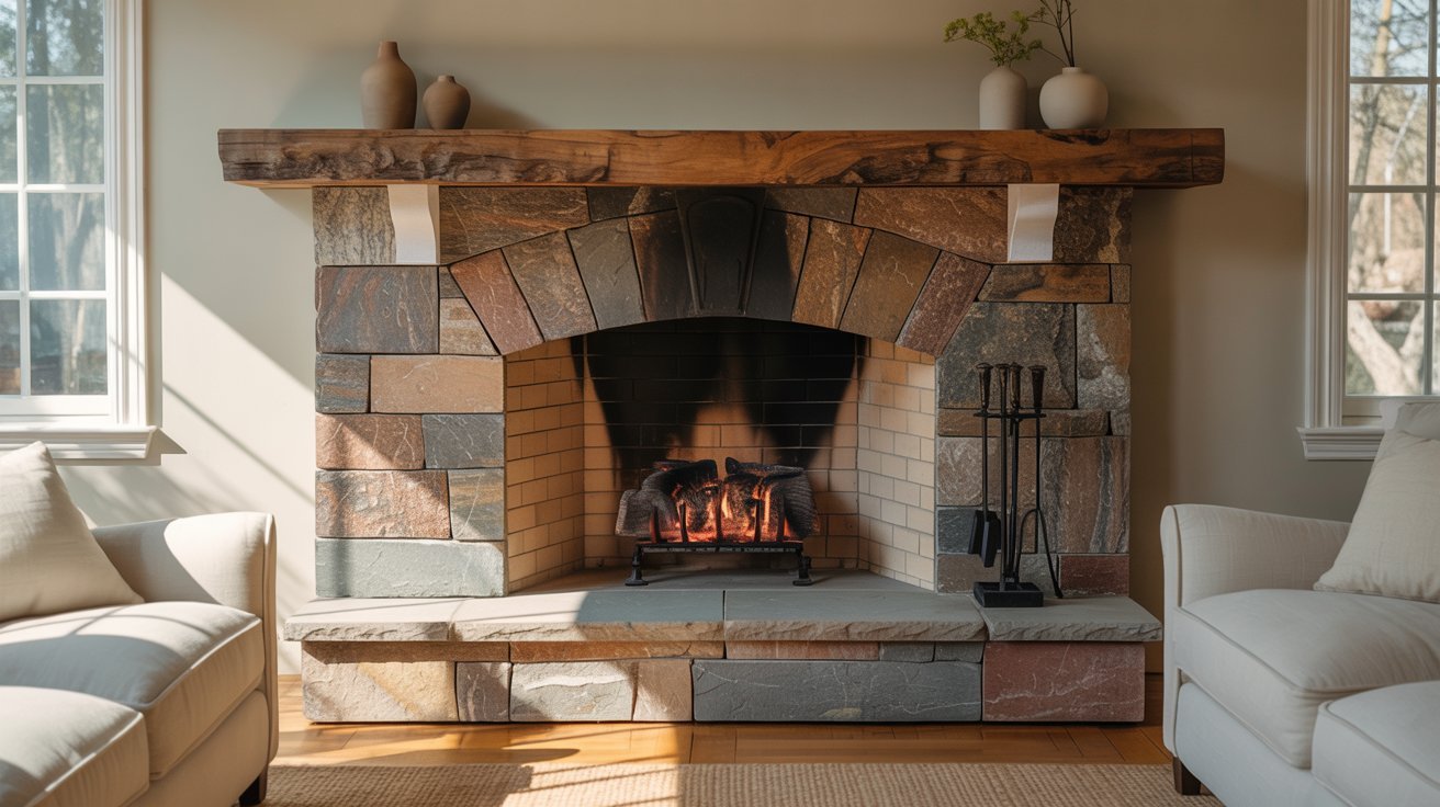 A cozy stone fireplace with a matching mantle, complemented by a white couch in a warm living room setting.