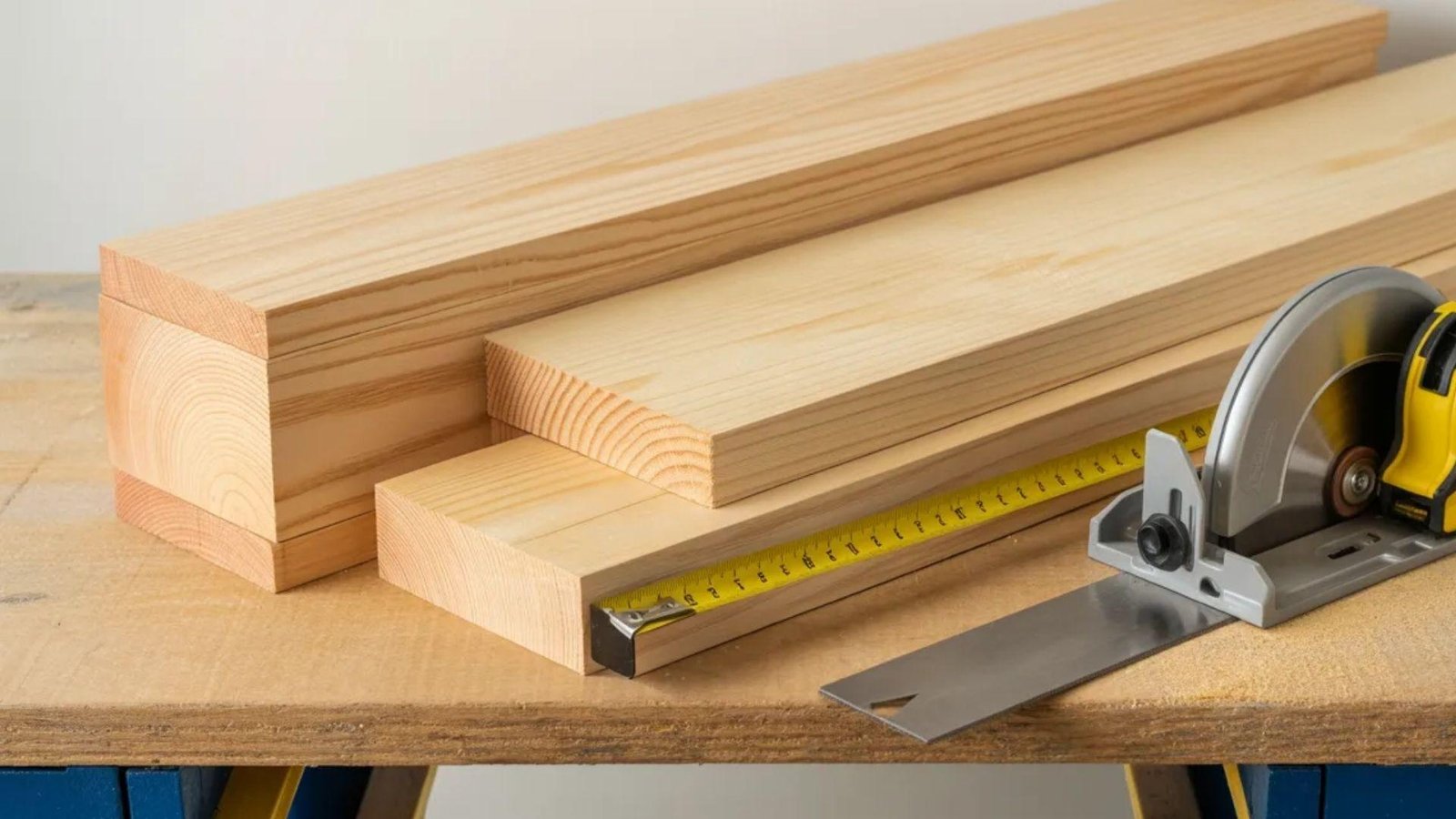 Three stacked wooden planks, a tape measure, and a circular saw are on a workbench, conveying a woodworking theme with precision and craftsmanship.