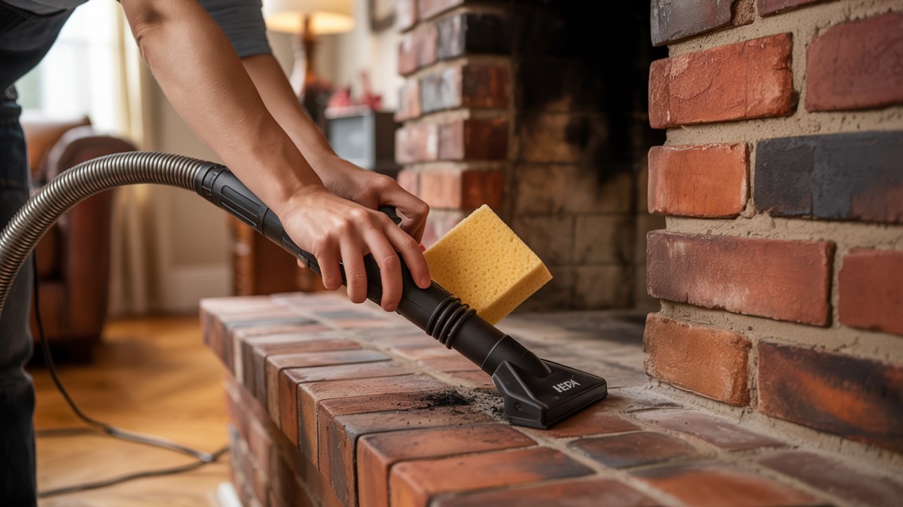 A person using a vacuum to clean ashes from a fireplace, ensuring a tidy and safe living space.