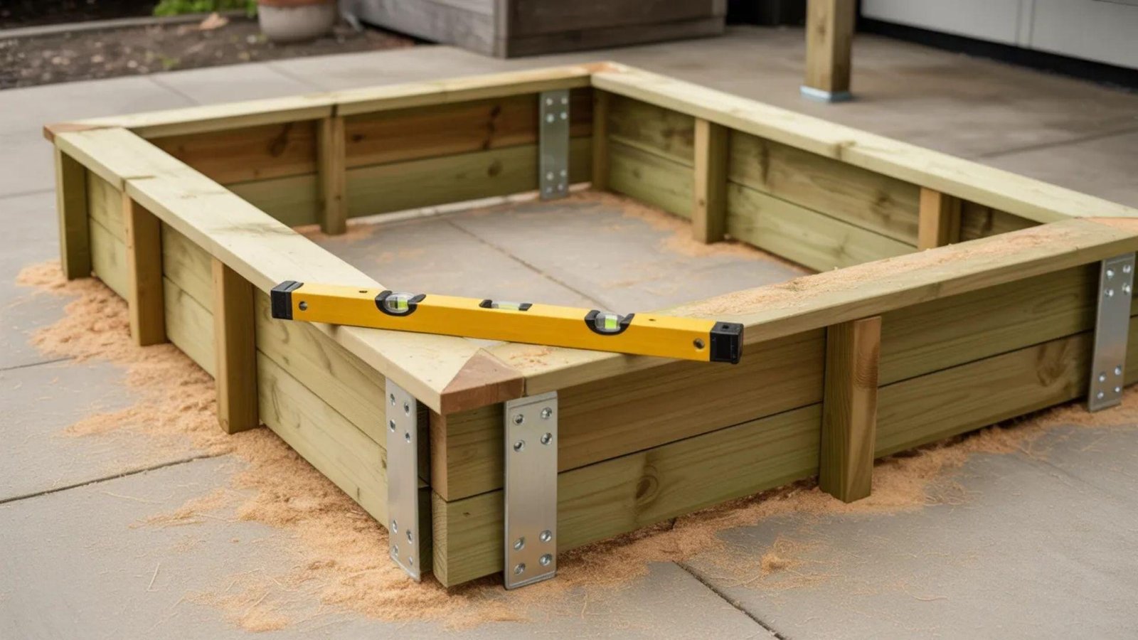 A square wooden planter box is being constructed on a patio. It is made of light-colored wood with metal brackets. A yellow level rests on top, amidst scattered sawdust.