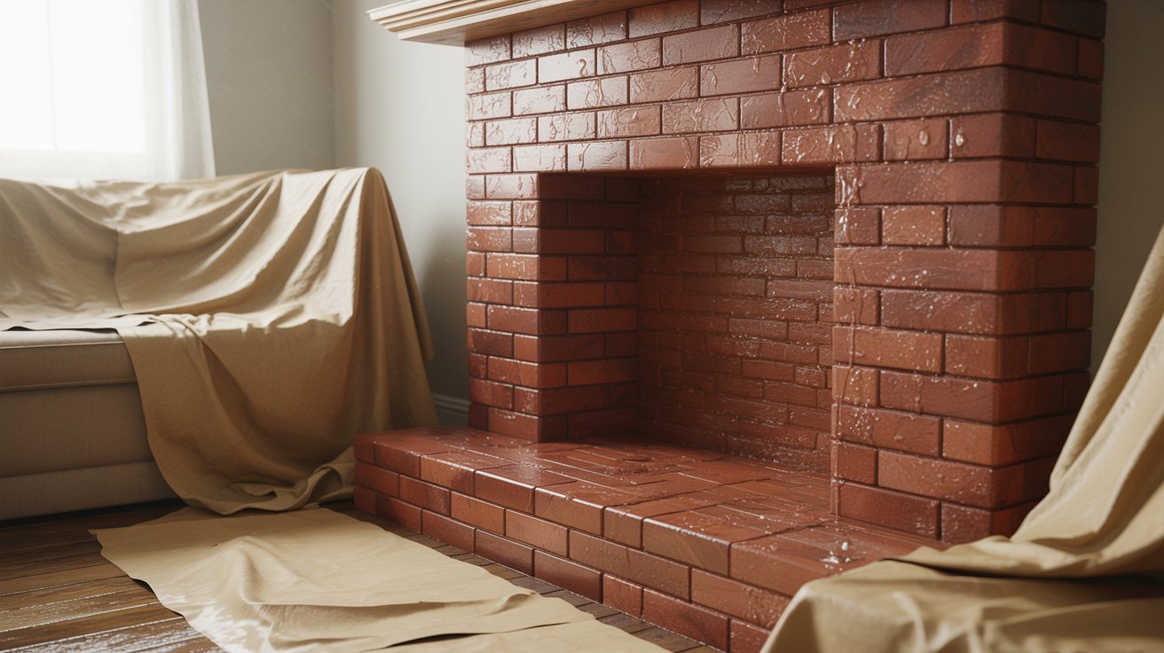 A brick fireplace partially covered with a white sheet, suggesting it is not in use or being protected.
