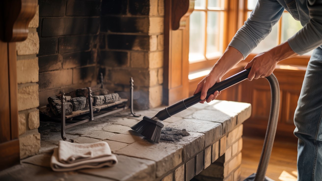 A man operates a vacuum cleaner to remove debris from a fireplace, ensuring a clean and safe environment.