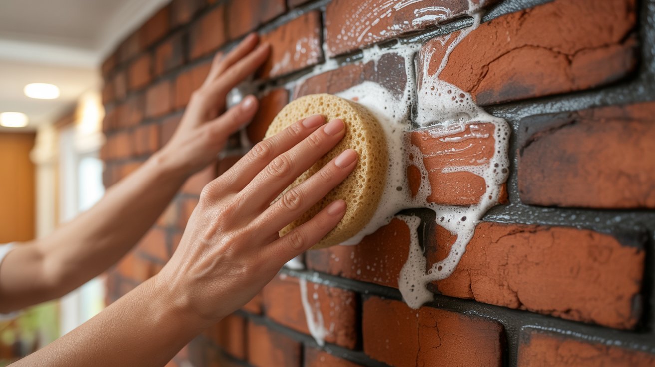 A person using a sponge to clean a stone fireplace, focusing on removing dirt and soot from the surface.