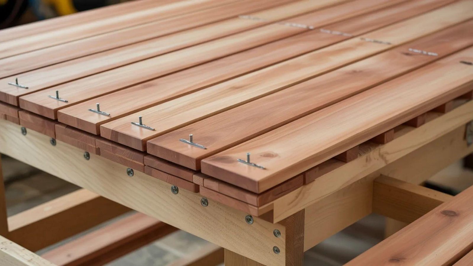 Close-up of a wooden picnic table under construction, featuring smooth, parallel cedar planks secured with screws, conveying a sense of craftsmanship.