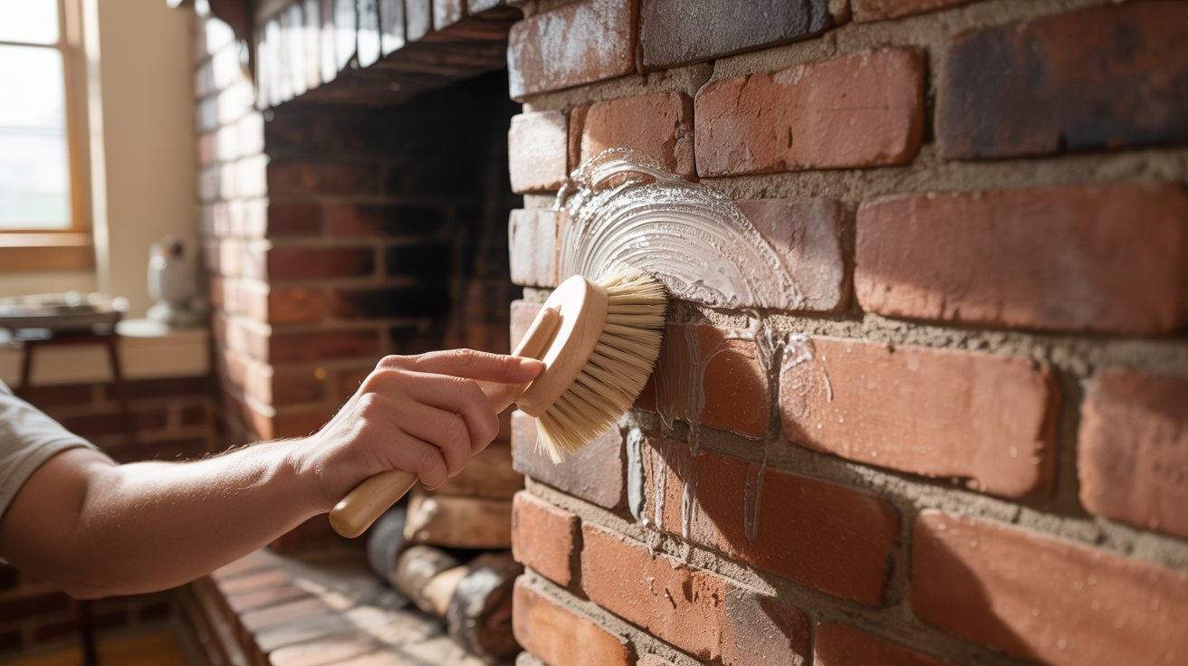 A person using a brush to clean a brick fireplace, focusing on removing soot and debris from the surface.
y