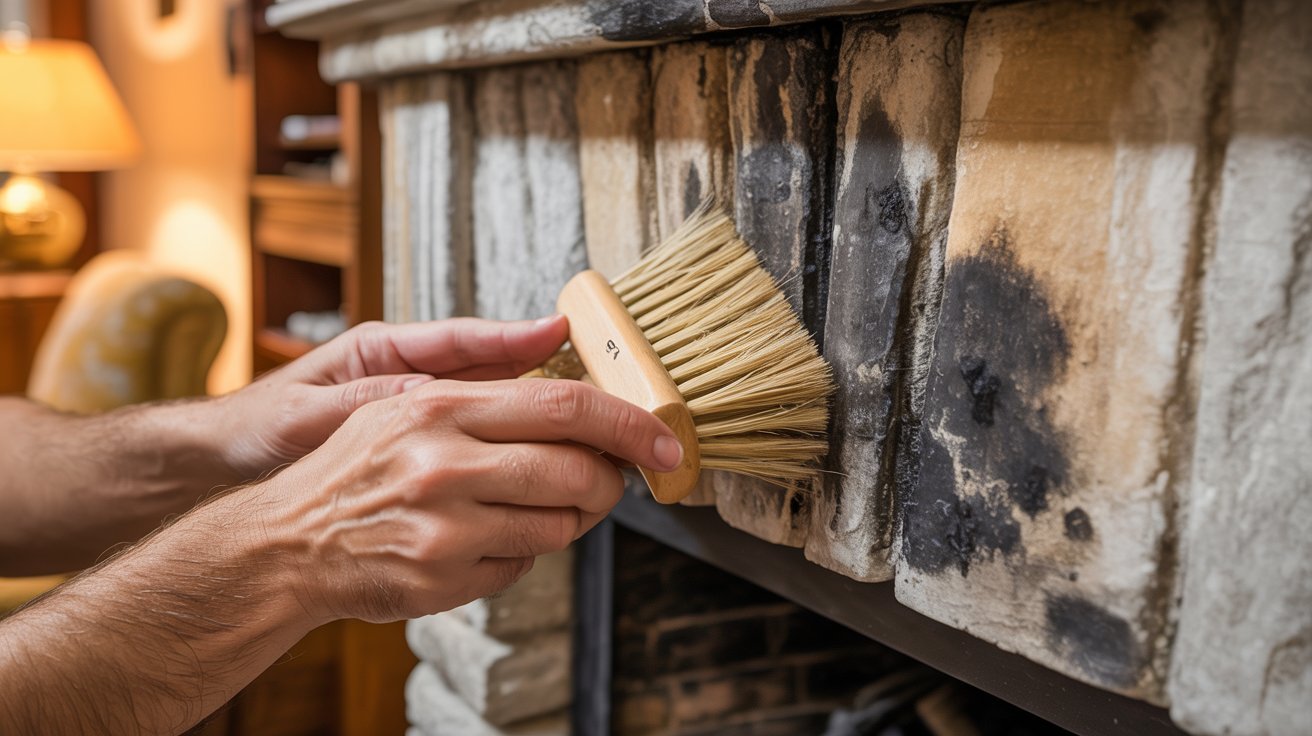 A man uses a brush to clean the inside of a fireplace, removing soot and debris for maintenance.