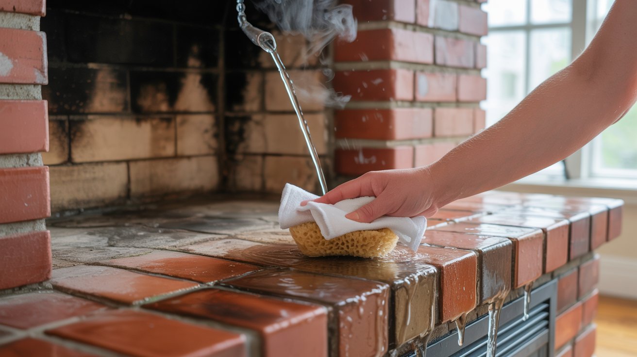 A person scrubbing a brick fireplace with a sponge, focusing on cleaning the surface thoroughly.