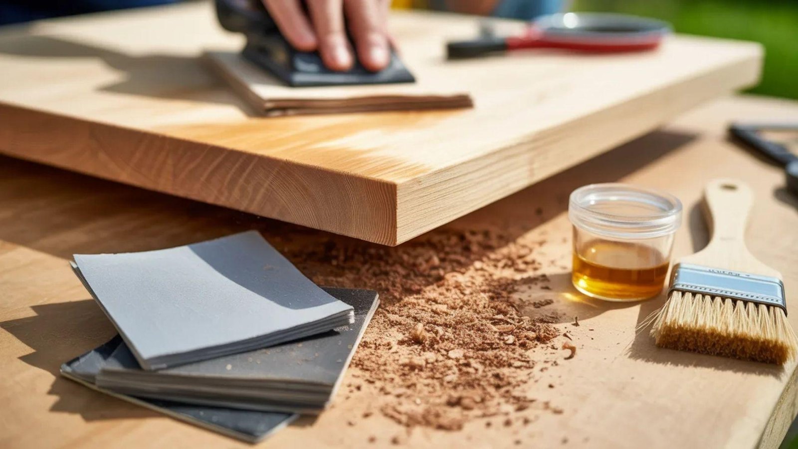 A person sands a wooden board on a table, surrounded by sandpaper sheets, wood shavings, a brush, and a small container of varnish, conveying craftsmanship.