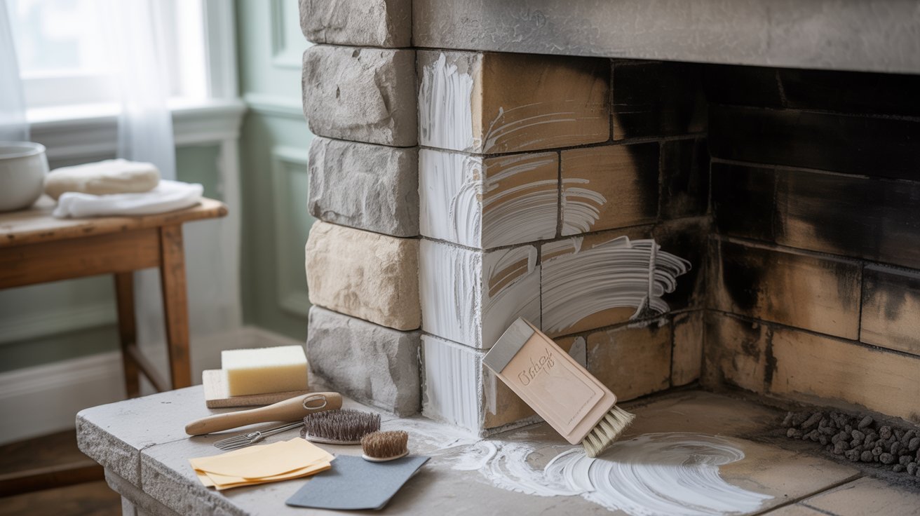 A cozy fireplace set against a rustic brick wall, featuring a matching brick chimney above.