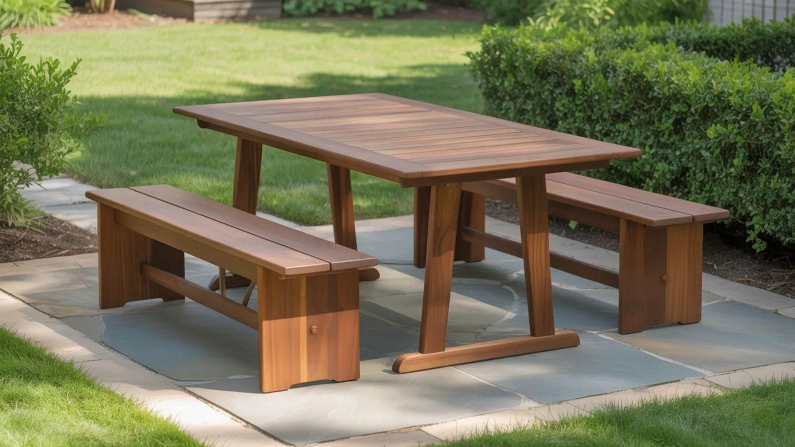 Wooden picnic table with two benches on a stone patio surrounded by grass and shrubs. The setting is peaceful and suggests a relaxed outdoor gathering.