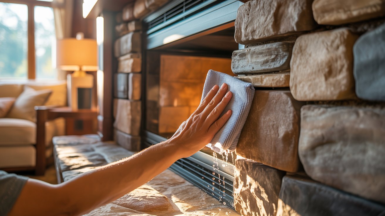 A person using a cloth to clean the interior of a fireplace, removing soot and debris.