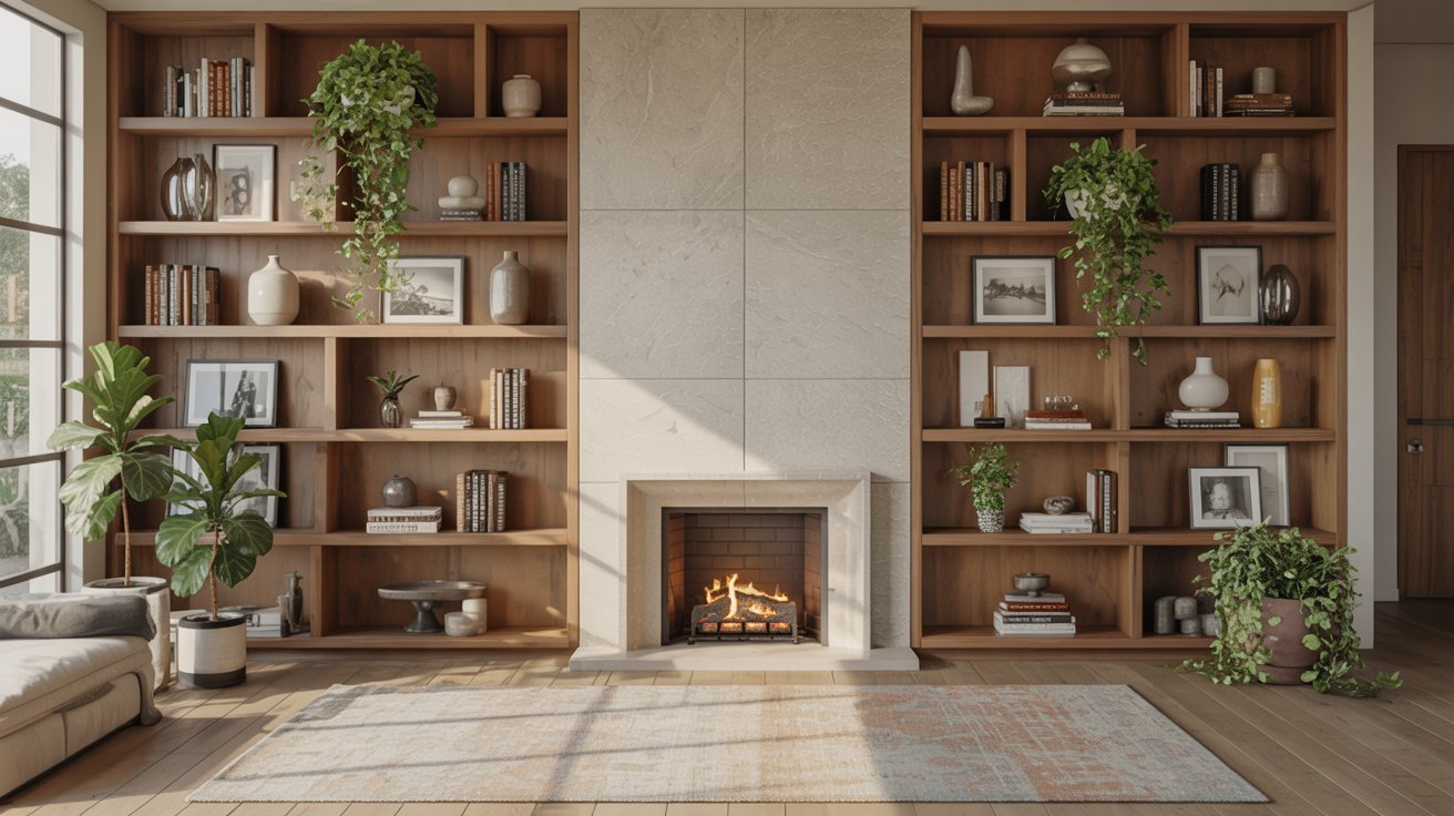 A cozy living room featuring a fireplace and built-in bookshelves filled with books.