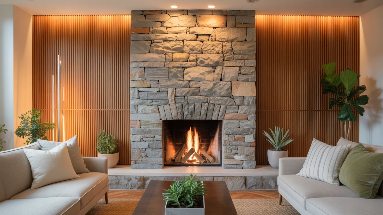 A modern living room featuring a sleek stone fireplace as the focal point, surrounded by contemporary furniture.
