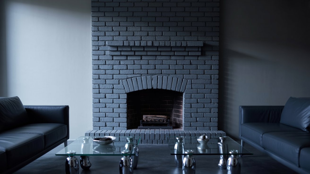 A cozy living room featuring a black brick fireplace as the focal point, surrounded by comfortable seating.