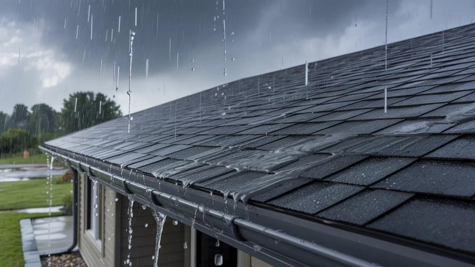 SRain falls on a roof, with a house visible in the background, creating a serene and cozy atmosphere.