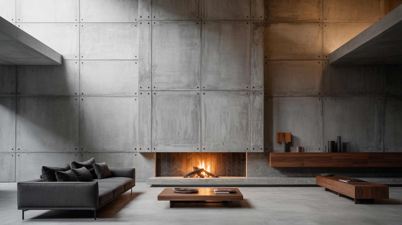 A modern living room featuring concrete walls and a sleek fireplace, creating a contemporary and stylish atmosphere.