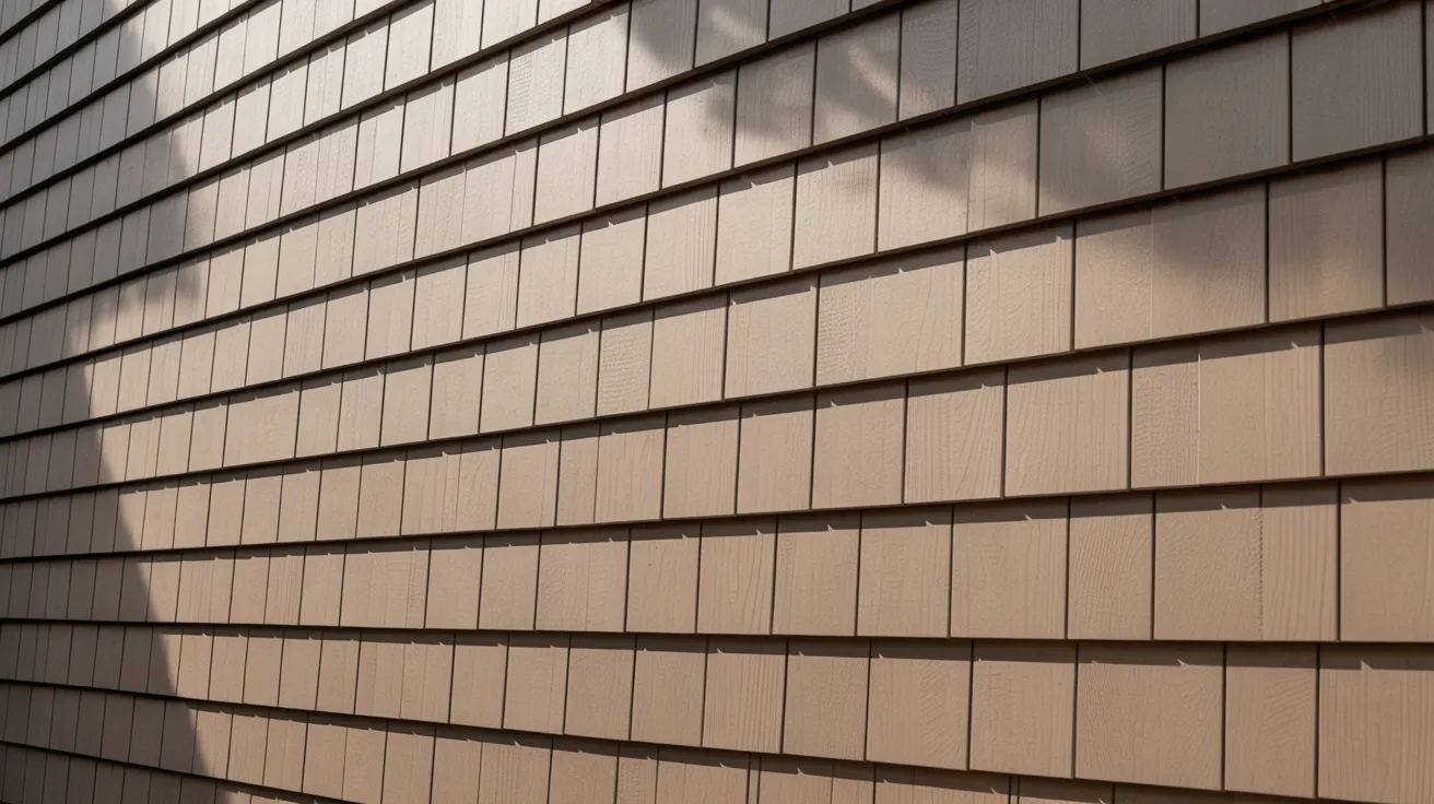 Close-up of a beige shingle wall with horizontal and vertical lines. Sunlight casts a soft shadow, highlighting the texture and geometric pattern.