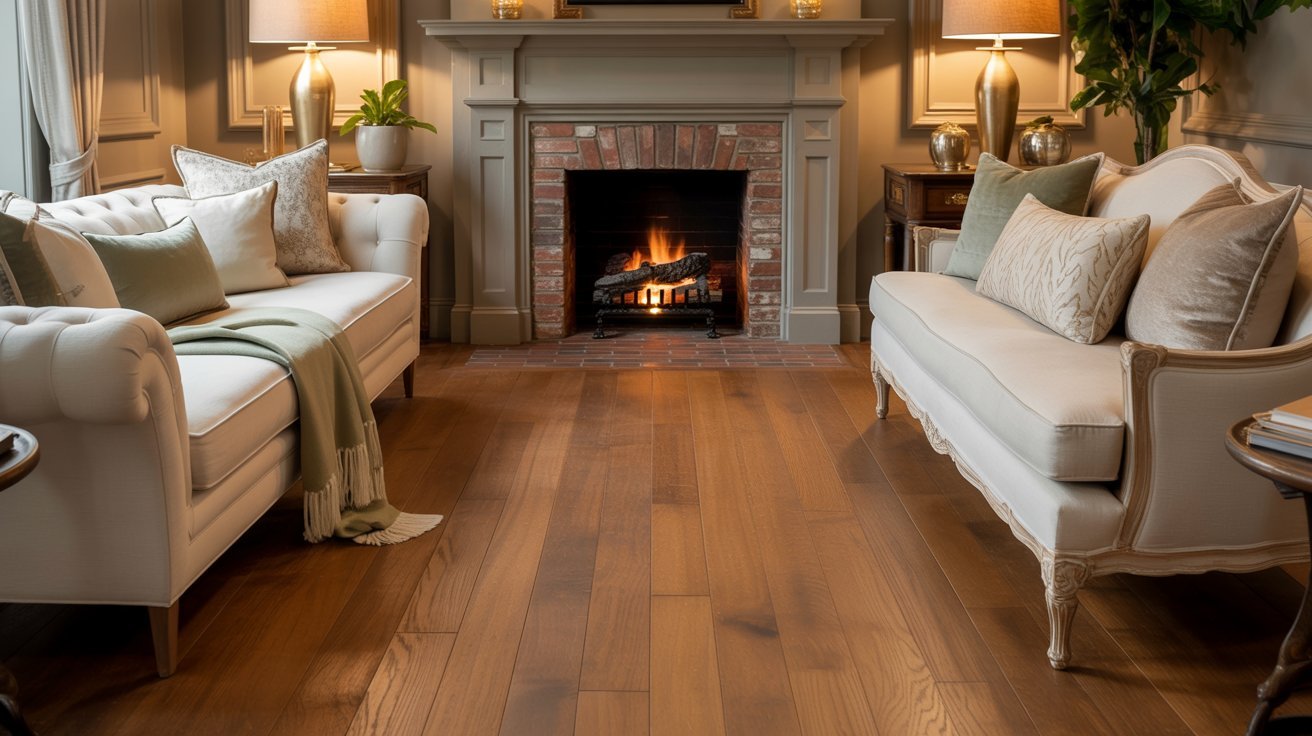 A warm living room scene with a fireplace and two inviting couches for seating.