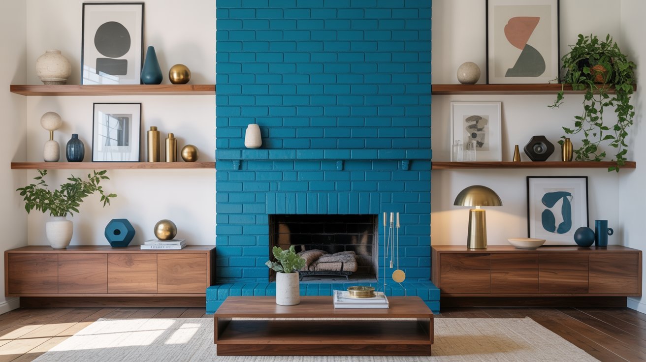 A blue brick fireplace stands prominently in a bright white living room, adding a pop of color to the space.