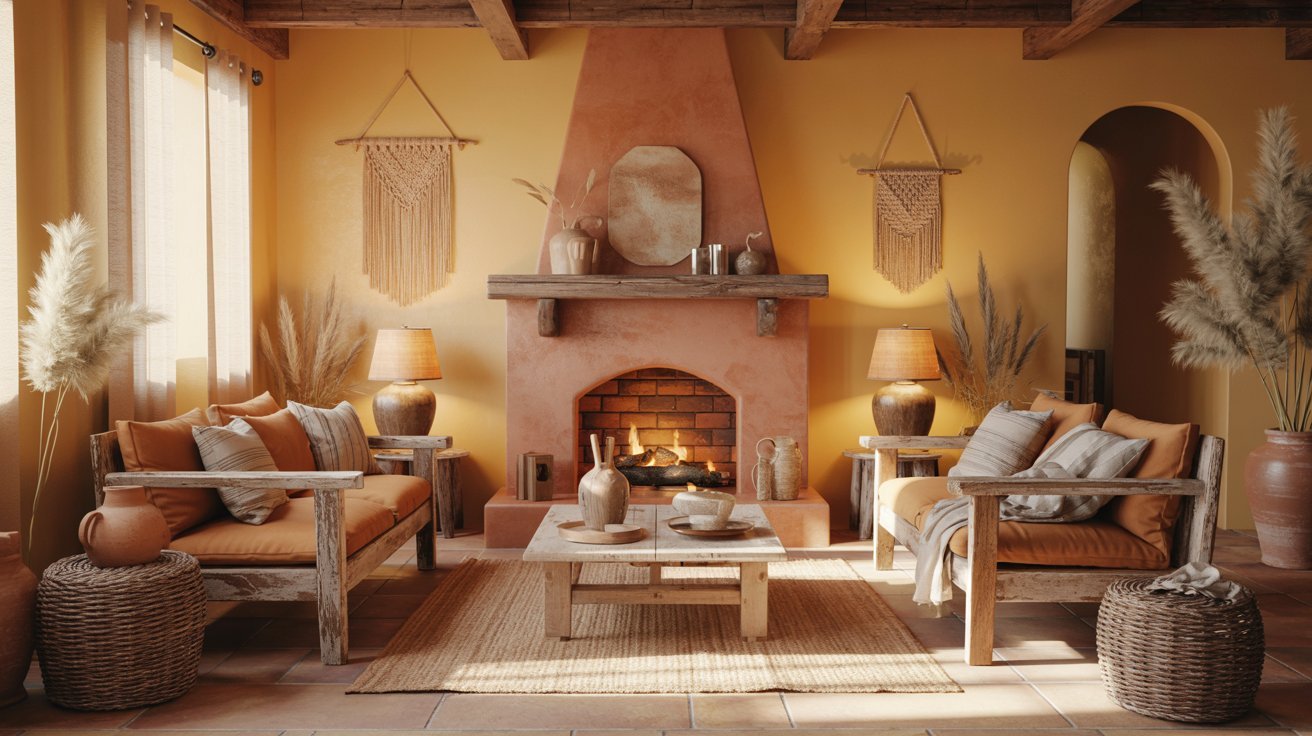 A cozy living room featuring a fireplace, comfortable furniture, and warm lighting, creating an inviting atmosphere.