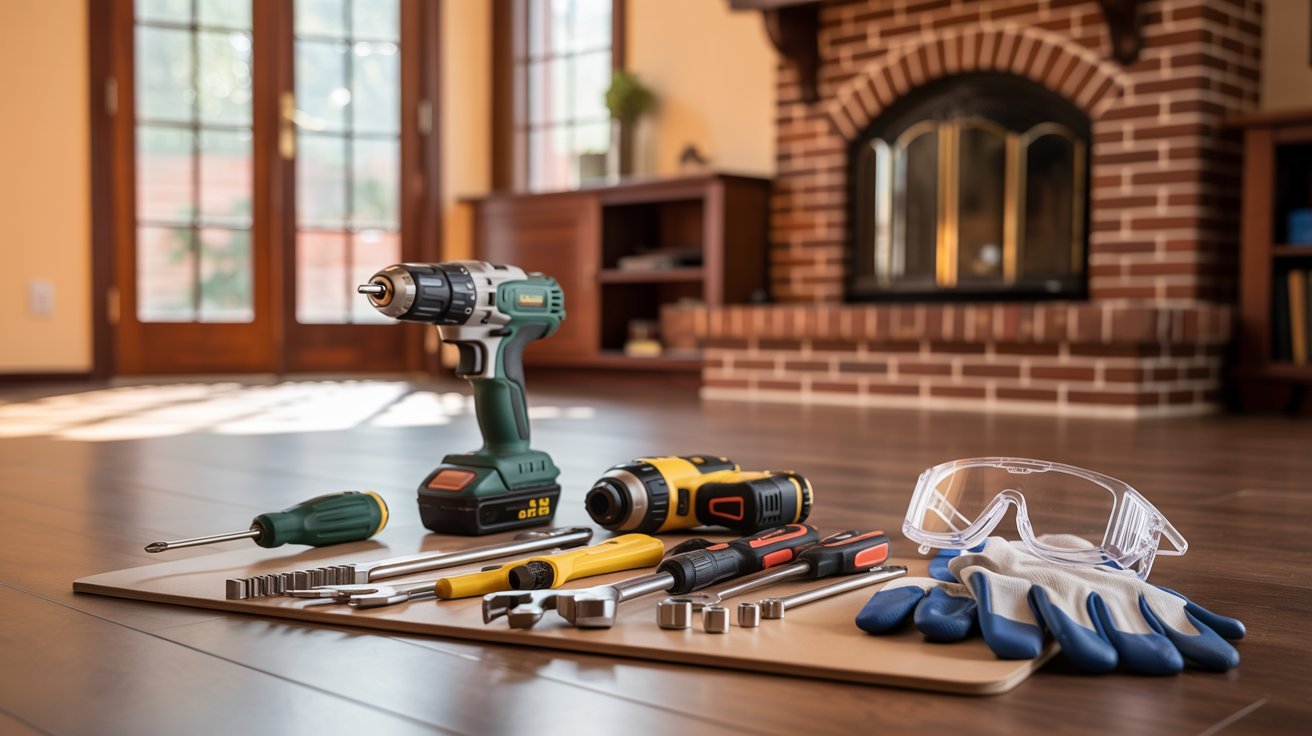 Tools scattered on a wooden floor in front of a cozy fireplace, creating a warm and inviting atmosphere.