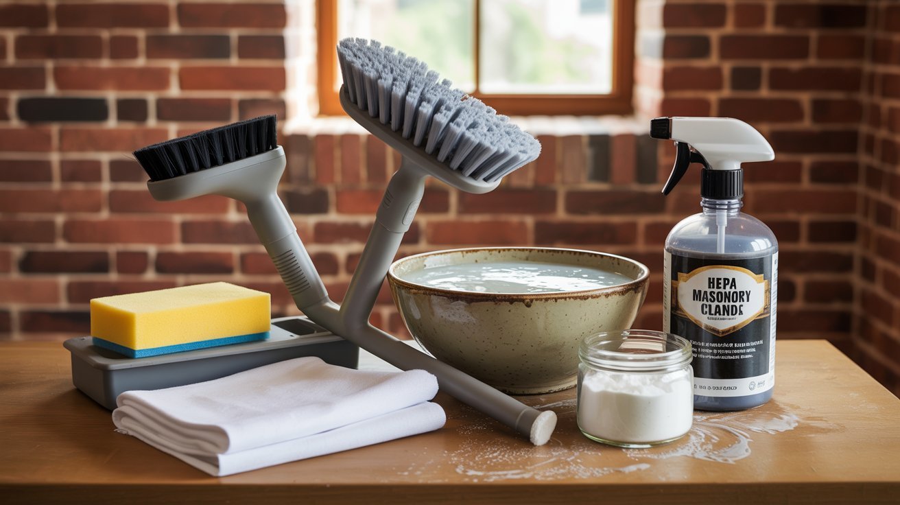 A bowl, cleaning brush, bottle of cleaning products, and a cloth arranged on a surface for cleaning tasks.