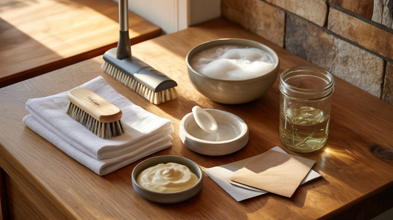 A wooden table displaying a brush, soap, and various cleaning supplies arranged neatly.