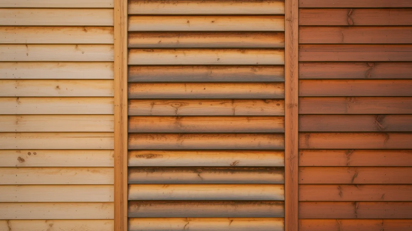 Wooden panels in three vertical sections show varying shades: light tan on the left, weathered brown in the center, and warm orange on the right.