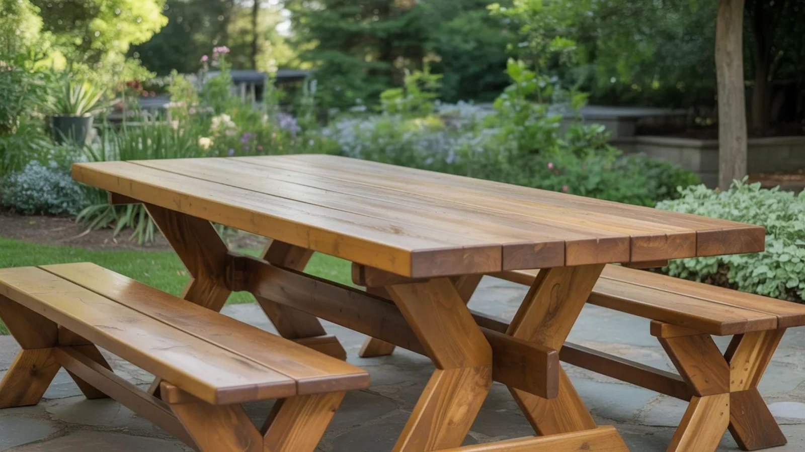A wooden picnic table with benches set on a patio, surrounded by greenery and sunlight.