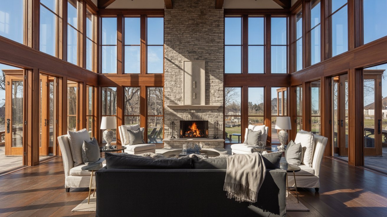 A cozy living room featuring a fireplace and large windows that allow natural light to fill the space.