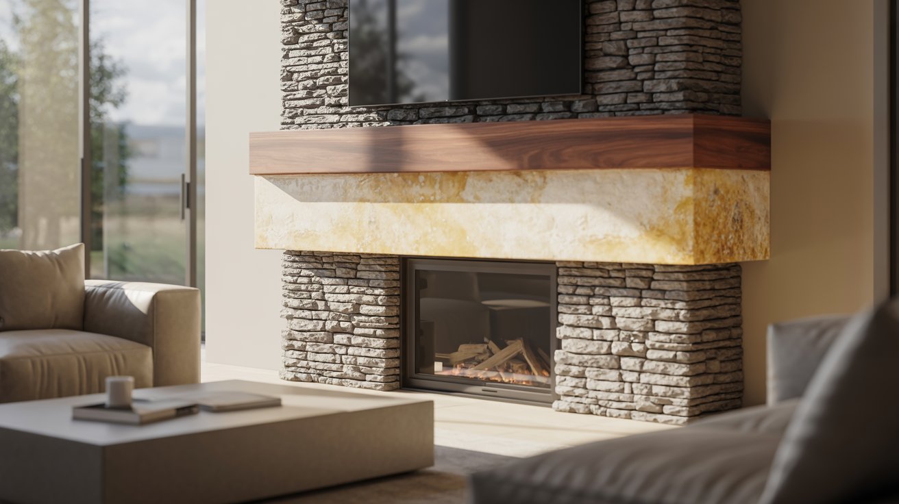 A modern living room featuring a cozy fireplace and a flat-screen television on the wall.