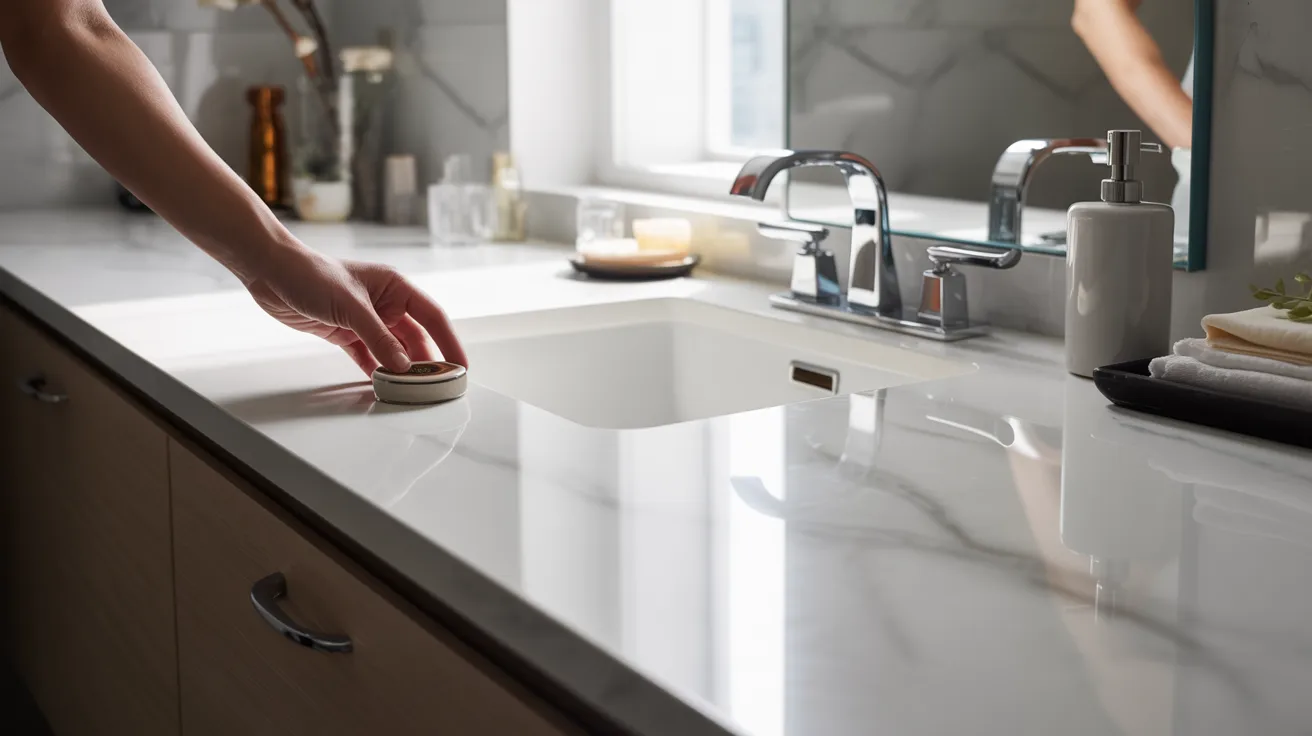 A person scrubs a bathroom sink with a sponge, focusing on cleaning the surface thoroughly.