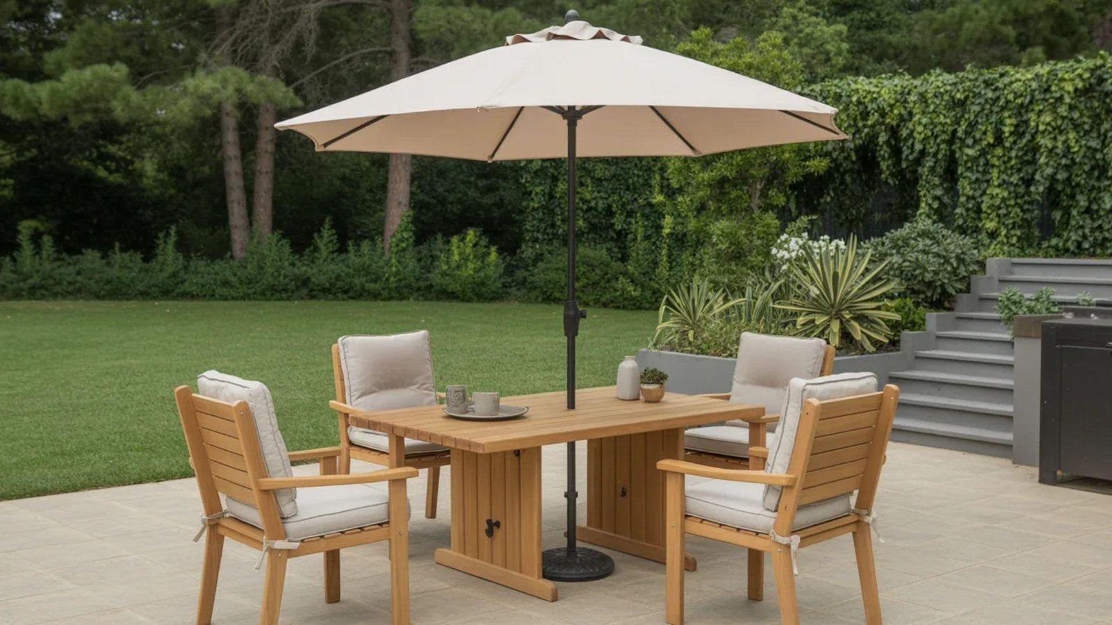 . A patio table surrounded by four chairs, topped with a large umbrella for shade.