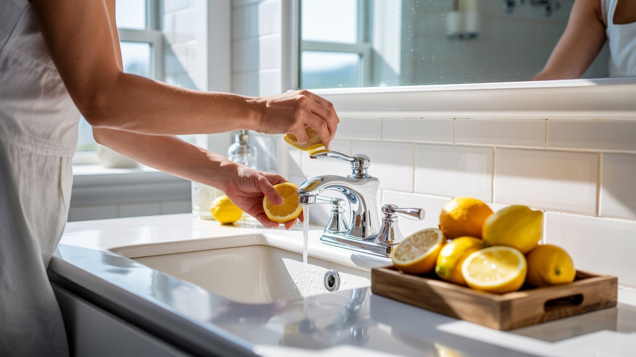 A person squeezes a lemon over a kitchen sink, with fresh lemons in a wooden tray nearby. The bright kitchen has a clean, refreshing ambiance.